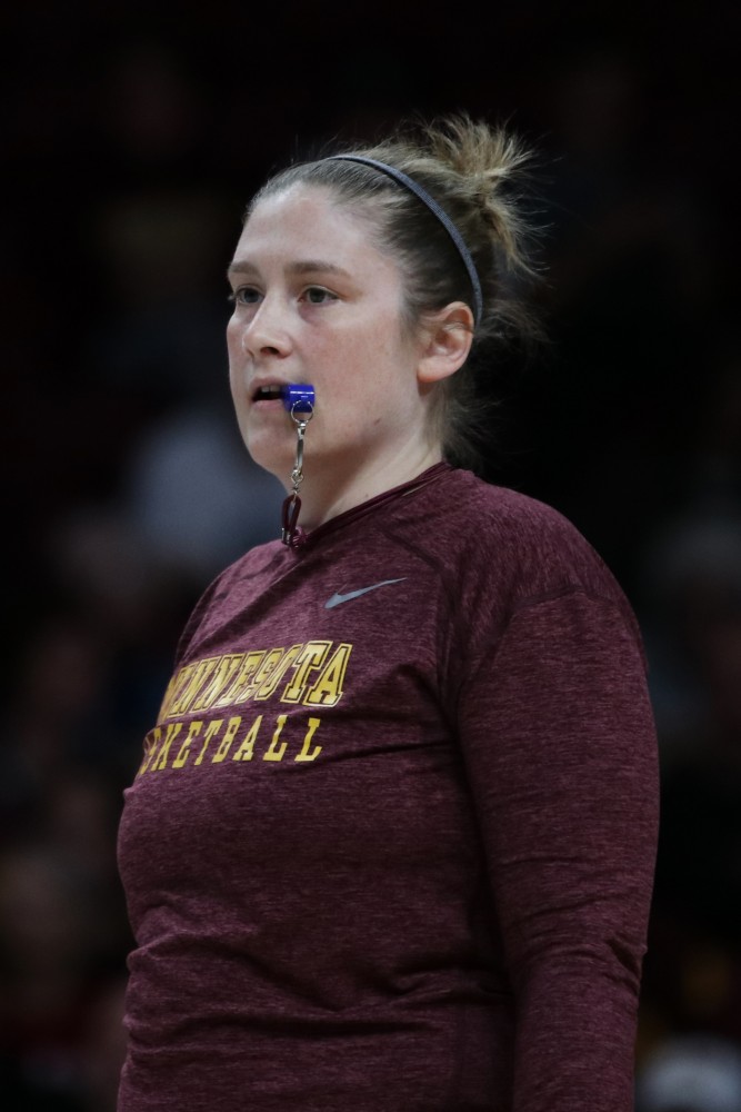 Head coach Lindsay Whalen watches the play during Gopher womens basketballs annual exhibition versus the mens scout team on Saturday, Oct. 20 at Williams Arena.
