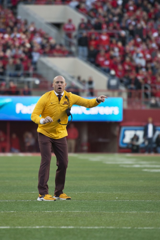 Head Coach P.J. Fleck expresses displeasure with a call made by the referee on Saturday, Oct. 20 at Memorial Stadium. Nebraska defeated the Gophers with a final score of 53-28.

