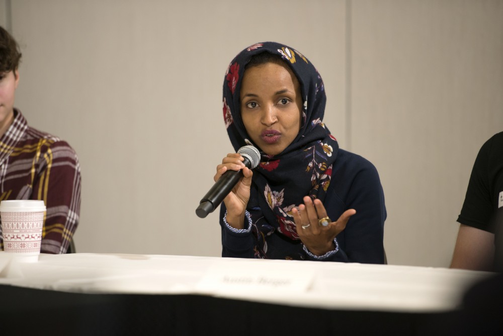 Congressional Candidate Ilhan Omar engages in a round table conversation as part of Gabby Giffords Courage to Fight Gun Violence Campaign at the Graduate Hotel on Friday, Oct. 26. 