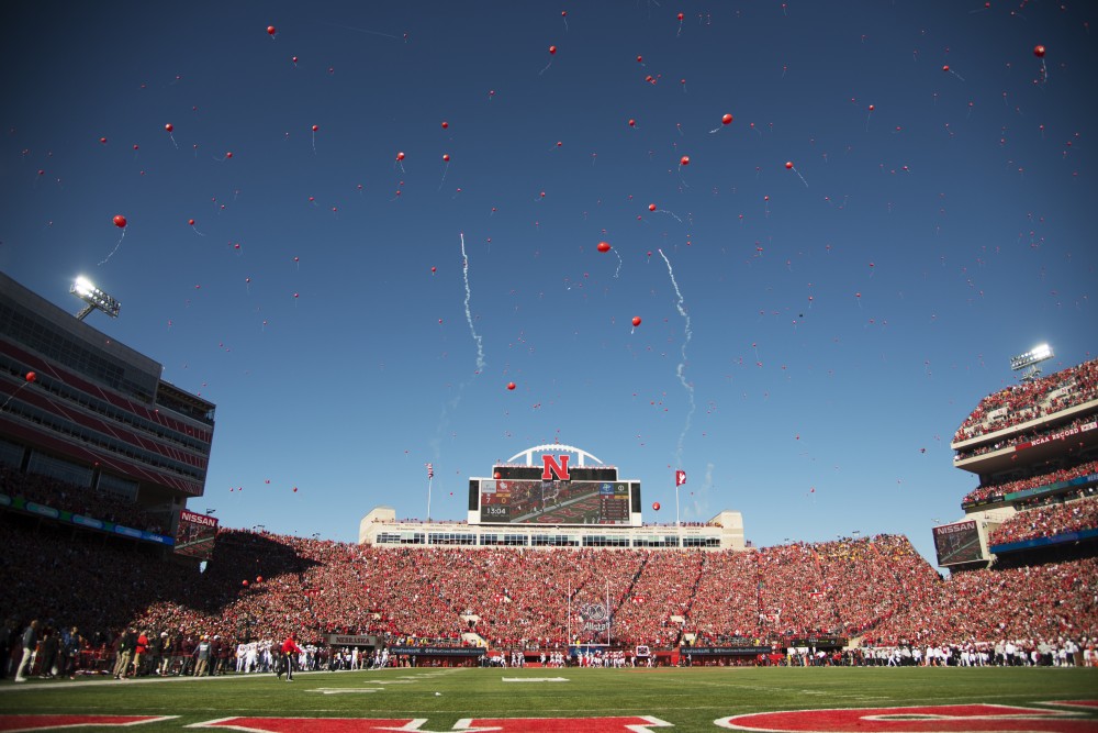 Balloons are released above Memorial Stadium on Saturday, Oct. 20. Nebraska defeated the Gophers with a final score of 53-28.

