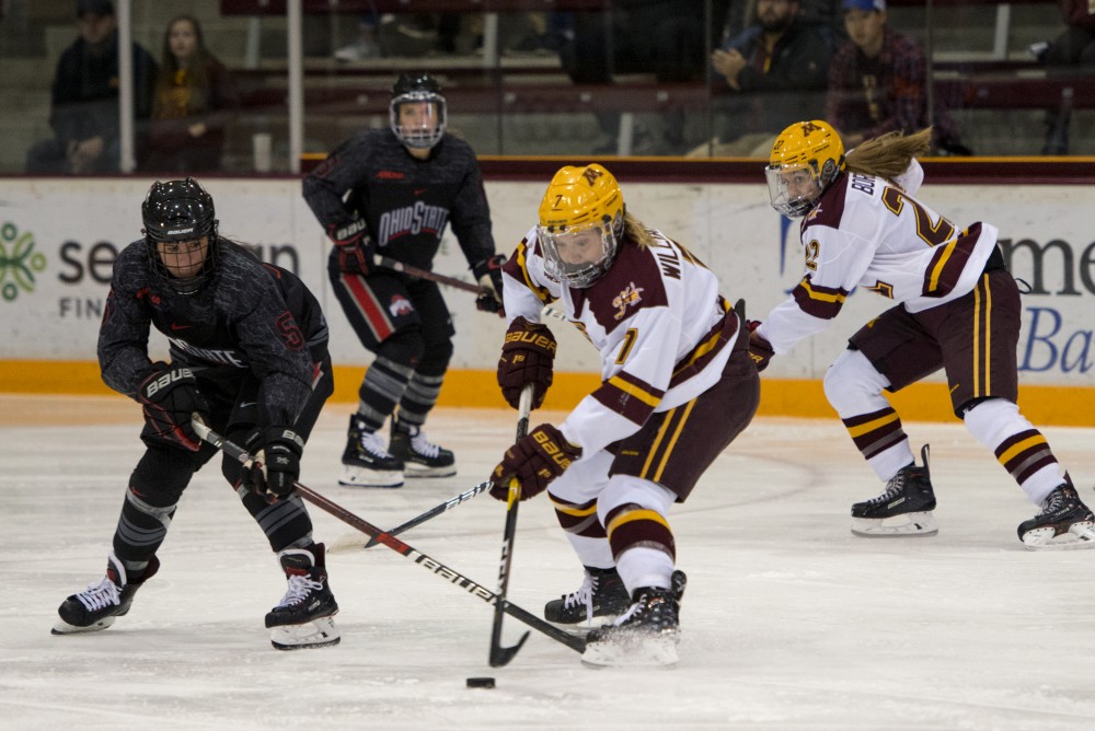 Forward Taylor Williamson looks to control the puck at Ridder Arena on Friday, Oct. 19. The Gophers beat Ohio State 3-0. 
