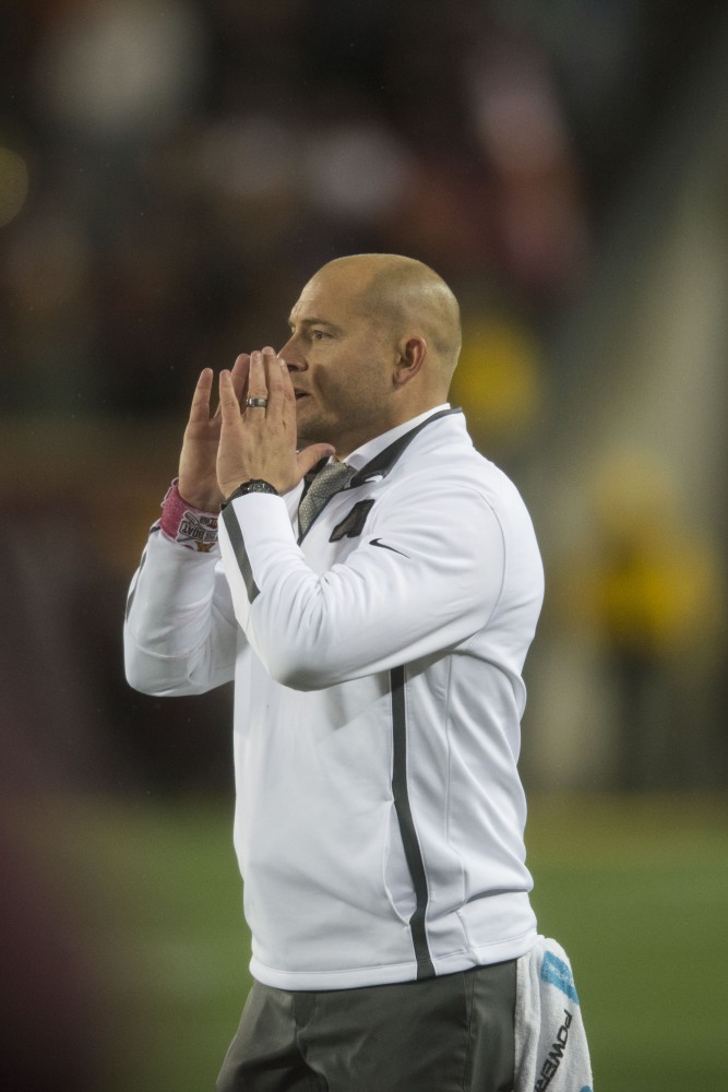 Coach P.J. Fleck calls out to players on Friday, Oct. 26 at TCF Bank Stadium.