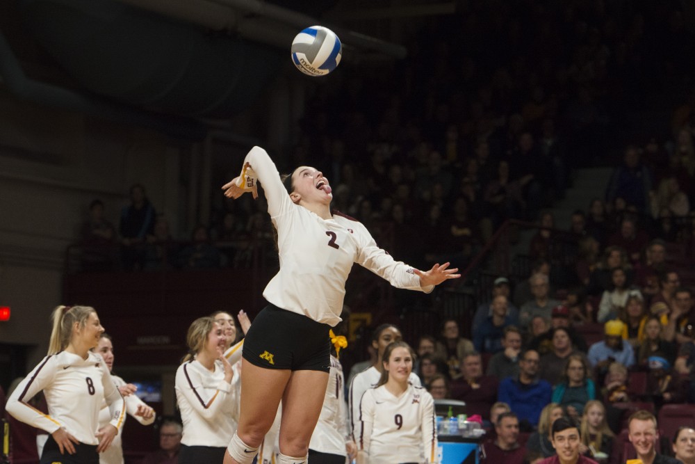 Sophomore Lauren Barnes serves the ball at Maturi Pavilion on Friday, Nov. 9. The Gophers swept Indiana in all three sets.