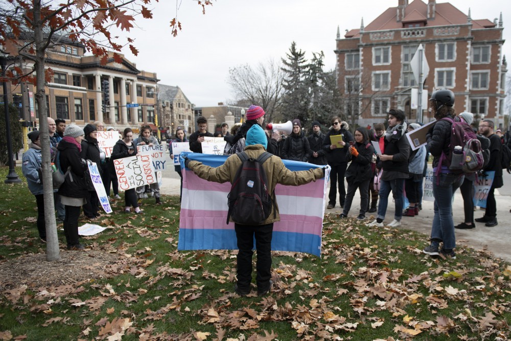 Members and allies of the transgender community prepare to march across the University of Minnesota campus on Thursday, Nov. 8.