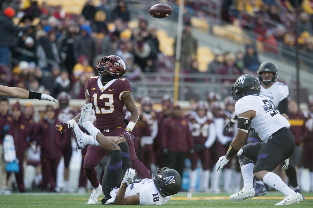 Wide receiver Rashod Bateman looks to catch a fumbled ball on Saturday, Nov. 17 at TCF Bank Stadium. The Gophers were defeated by Northwestern with a final score of 24-14. 