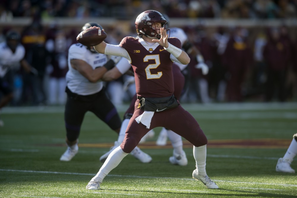 Quarterback Tanner Morgan looks to throw the ball on Saturday, Nov. 17 at TCF Bank Stadium. The Gophers were defeated by Northwestern with a final score of 24-14. 