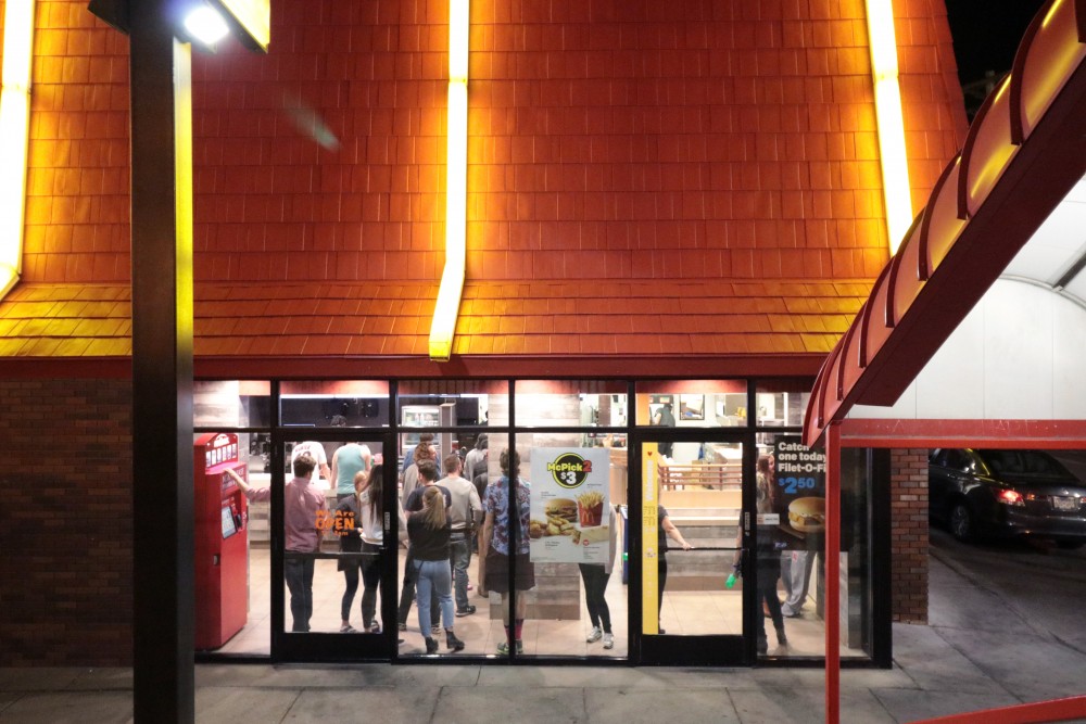 Students line up for food at the Dinkytown McDonalds on April 7, 2017.
