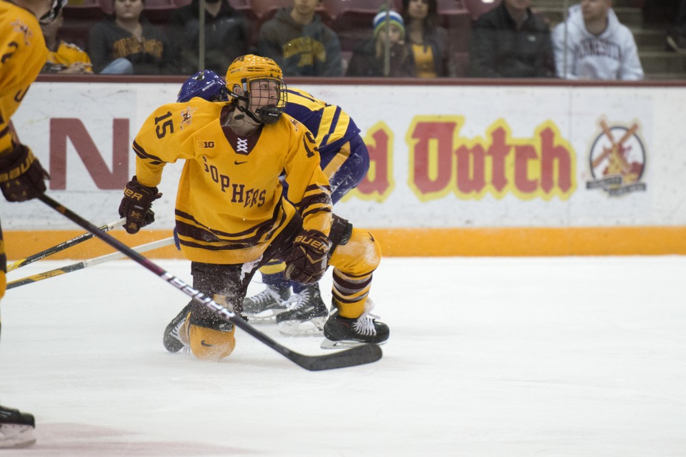 Forward Rem Pitlick looks toward the puck at 3M Arena at Mariucci on Friday, Nov. 2. The Gophers fell to Minnesota State with a final score of 5-1.