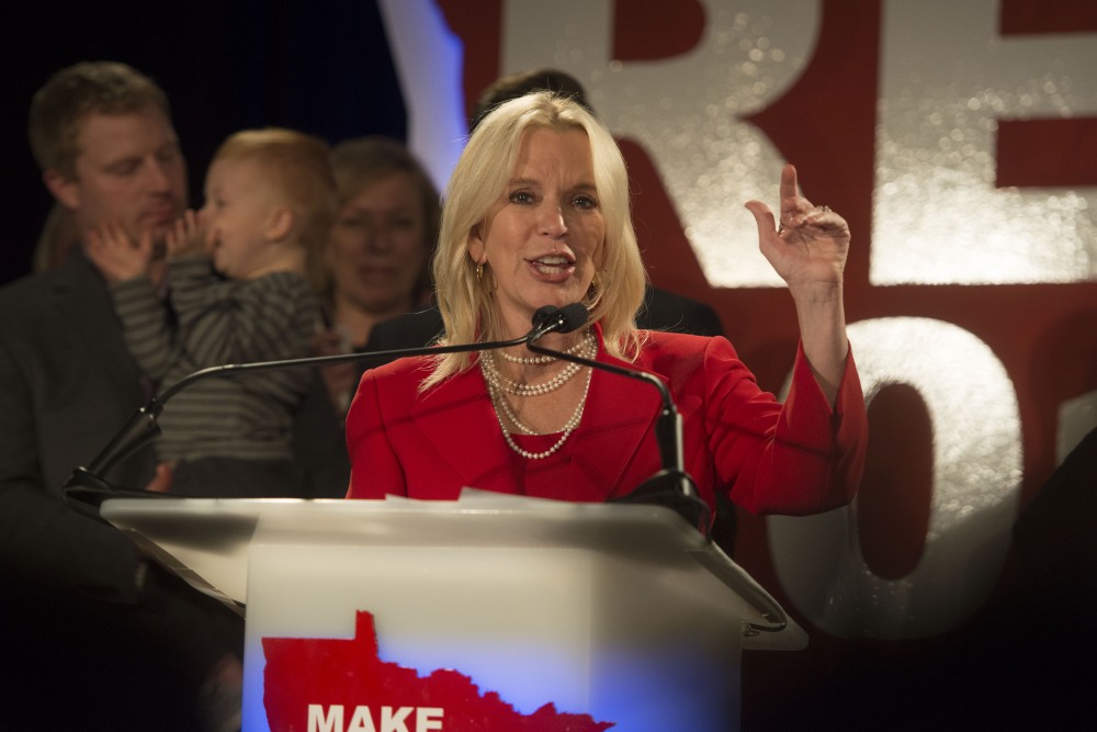 Republican candidate Karin Housley speaks onstage following her defeat to Tina Smith for State Senator at the GOP Election Night Party on Tuesday, Nov. 6.