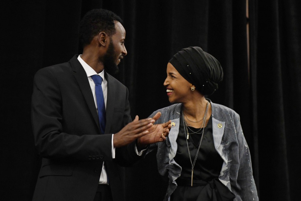Elect for Minnesotas Fifth Congressional District Ilhan Omar smiles with her husband at her election party in downtown Minneapolis on Tuesday, Nov. 6.