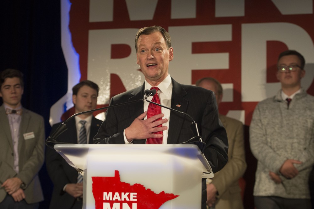 Gubernatorial Candidate Jeff Johnson speaks onstage following his defeat to Tim Walz on Tuesday, Nov. 6 in Bloomington. 