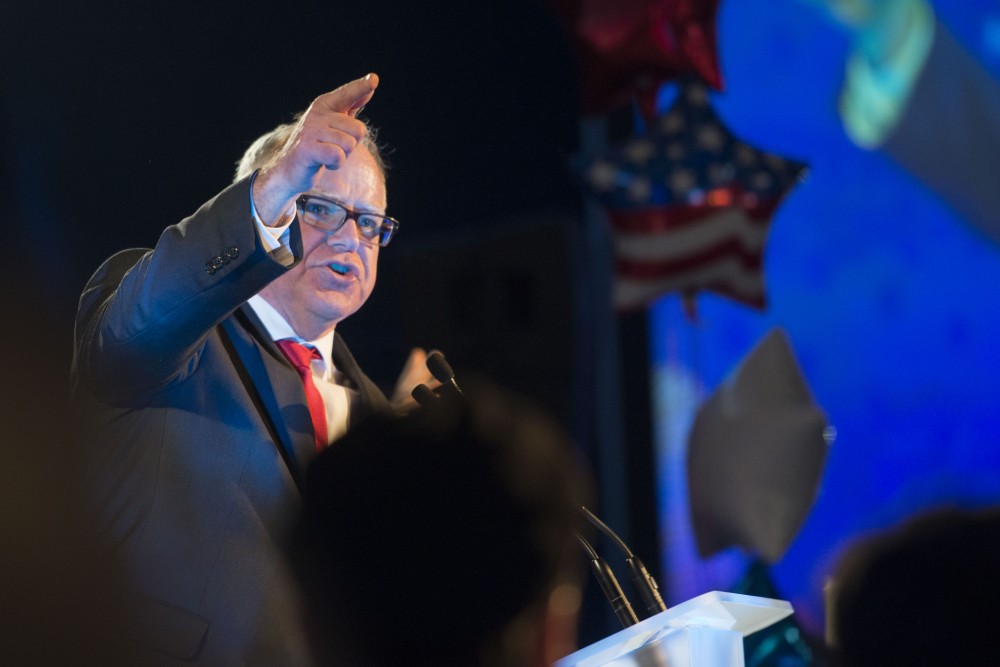Newly-elected Governor of Minnesota Tim Walz addresses the crowd at the Intercontinental Saint Paul Riverfront Hotel in Saint Paul on Tuesday, Nov. 6.
