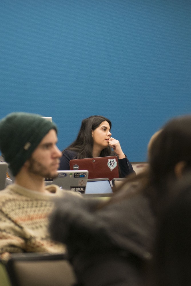 CFANS student Alexis Murillo pays attention during World Food Problems: Agronomics, Economics and Hunger on Tuesday, Nov. 27 in Hodson Hall. 