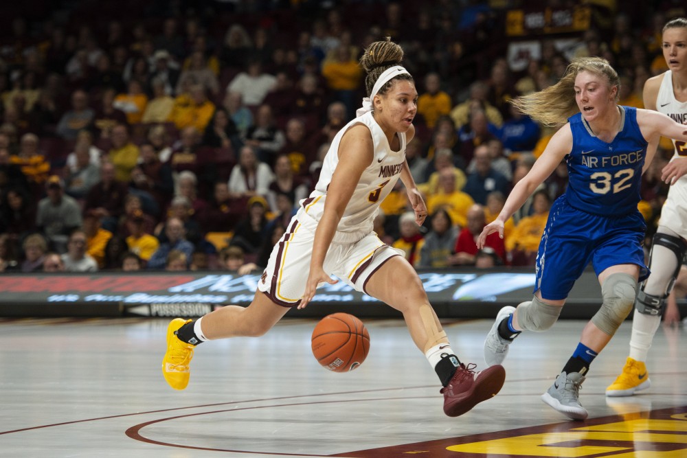 Sophomore Destiny Pitts runs toward the hoop on Sunday, Dec. 2 at Williams Arena. The Gophers beat the Air Force Falcons 67-50.
