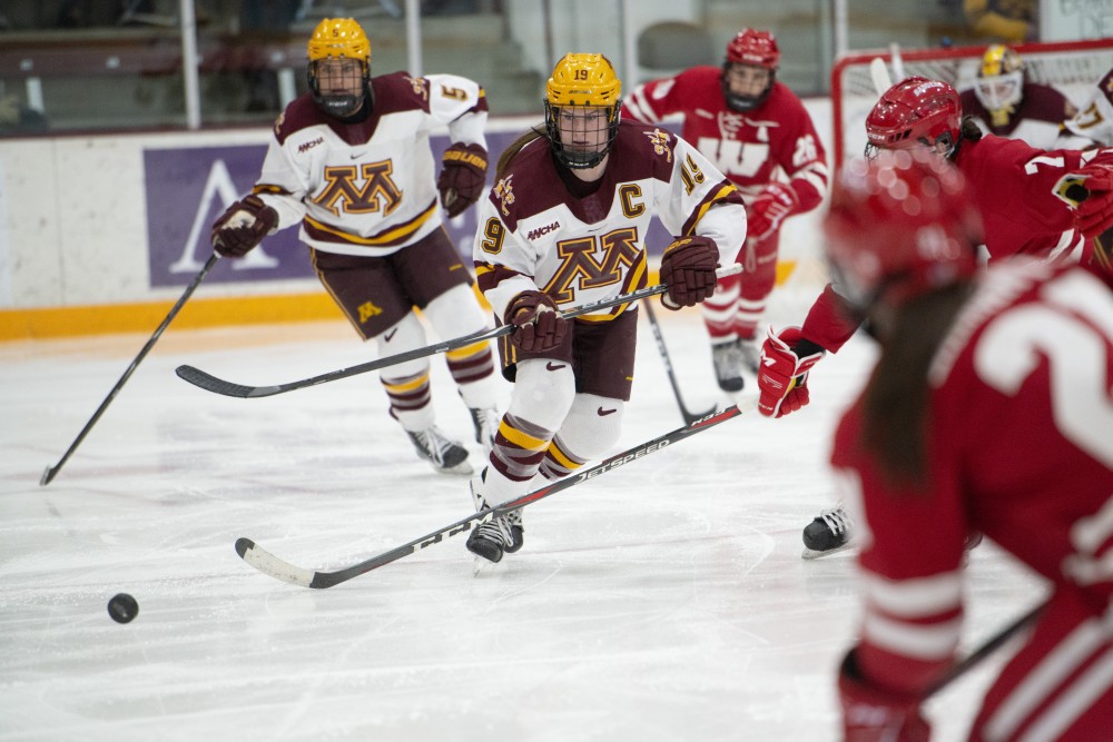 Redshirt senior Kelly Pannek skates toward the puck on Friday, Jan. 18 at Ridder Arena. The Gophers lost to the Wisconsin Badgers 2-1.