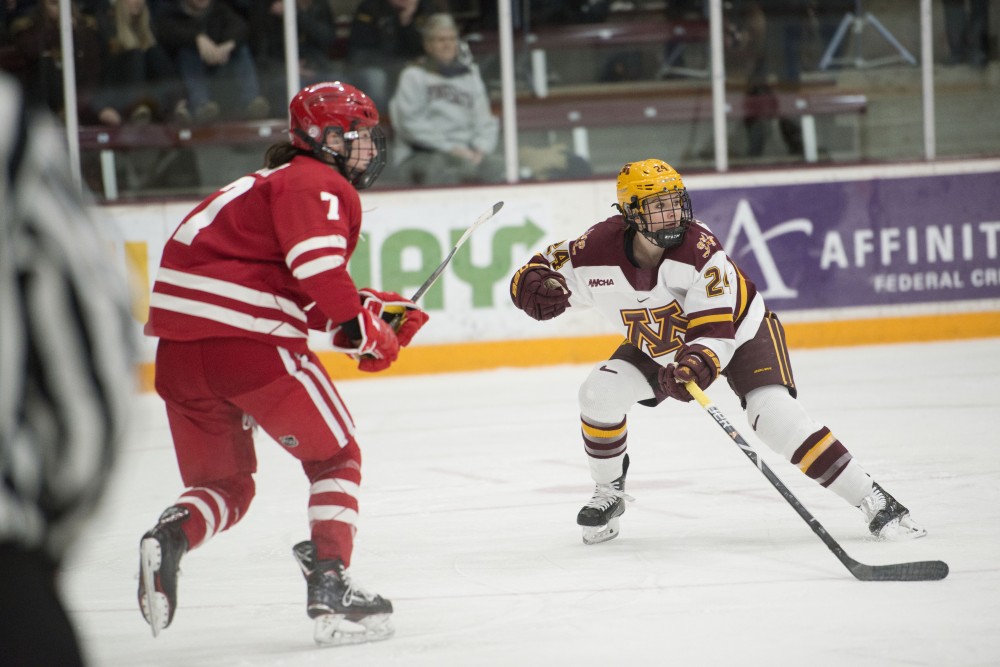Olivia Knowles gets ready to take the puck on Friday, Jan. 18, 2019 at Ridder Arena. The Gophers lost to the Wisconsin Badgers 2-1.