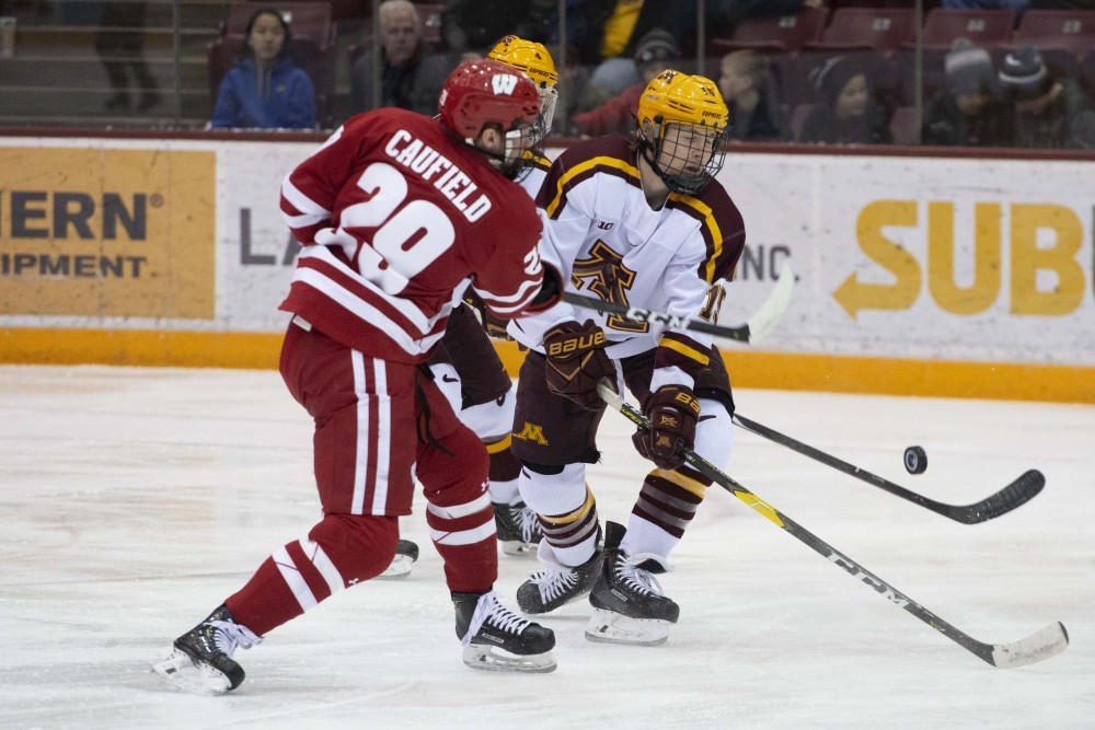 Junior Rem Pitlick works to keep the puck away from Wisconsin on Friday, Jan. 25 at 3M Arena at Mariucci. 