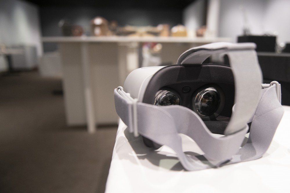 A virtual reality headset is seen at the Goldstein Museum of Design in Saint Paul on Friday, Jan. 18. The museum is bringing the exhibits outside their walls by making virtual exhibits available to communities who may not be able to visit the site in person.