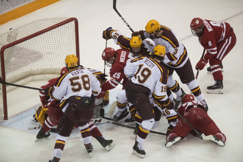 The Gophers attempt to stop Wisconsin from scoring their third goal at Mariucci Arena on Saturday, Jan 26. The Gophers lost to the Wisconsin Badgers 4-3 after winning 9-4 the night before. 