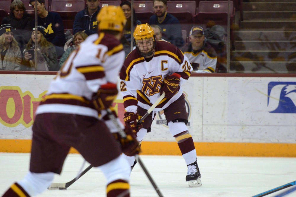 Senior Tyler Sheehy looks to pass the puck on Friday, Feb. 1 at 3M Arena at Mariucci. 