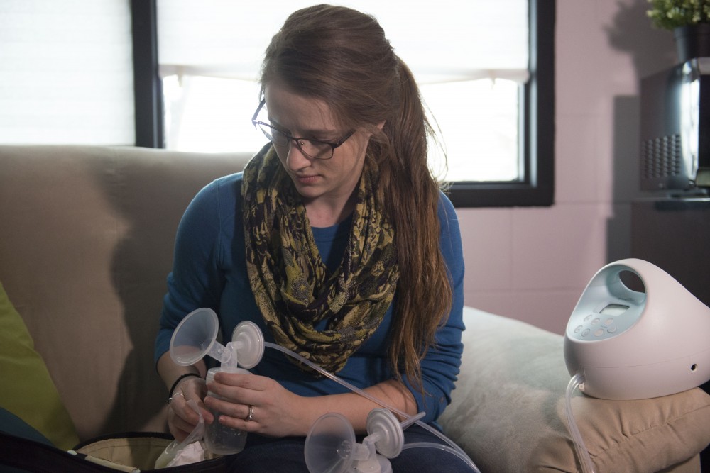 Meg Thompson puts together a breast pump in a lactation room on Friday, Feb. 1 in Alderman Hall in St. Paul. Thompson utilizes this lactation room multiple times a week.