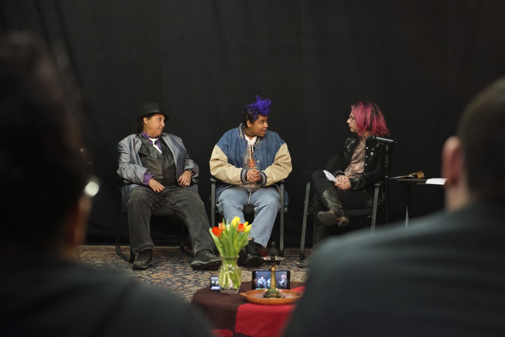 Host Xochi de la Luna, left interviews Zeam Porter, middle and Roxanne Anderson about their gender identities and sexuality during Transitional Transmissions Live at Pangea World Theater in Minneapolis on Saturday, Feb. 9. 