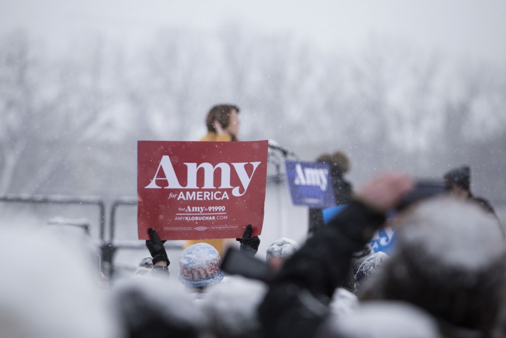 The crowd cheers as Amy Klobuchar takes the stage at her presidential bid announcement on Feb. 10 at Boom Island Park in Minneapolis.
