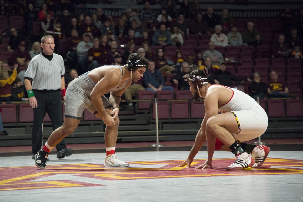Freshman Gable Steveson competes during the match against the University of Maryland on Sunday, Feb. 10, 2019 at Maturi Pavilion. The Gophers beat Maryland 45-0.