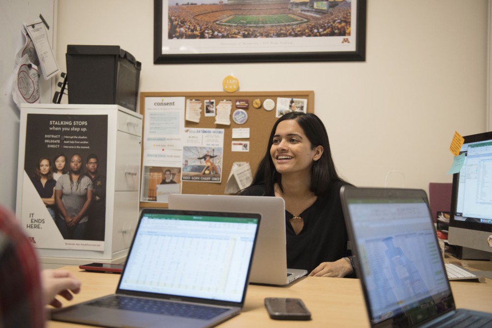 University Student Body President Simran Mishra holds a meeting with Minnesota Student Association staff on Monday, Feb. 4  at her office in Coffman Memorial Union. 