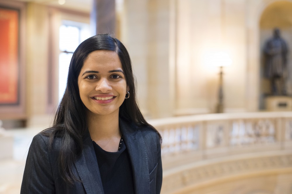 University Student Body President Simran Mishra poses for a portrait at the Minnesota State Capitol on Thursday, Feb. 7. Mishra was at the Capitol to testify to the Senate Higher Education Committee.