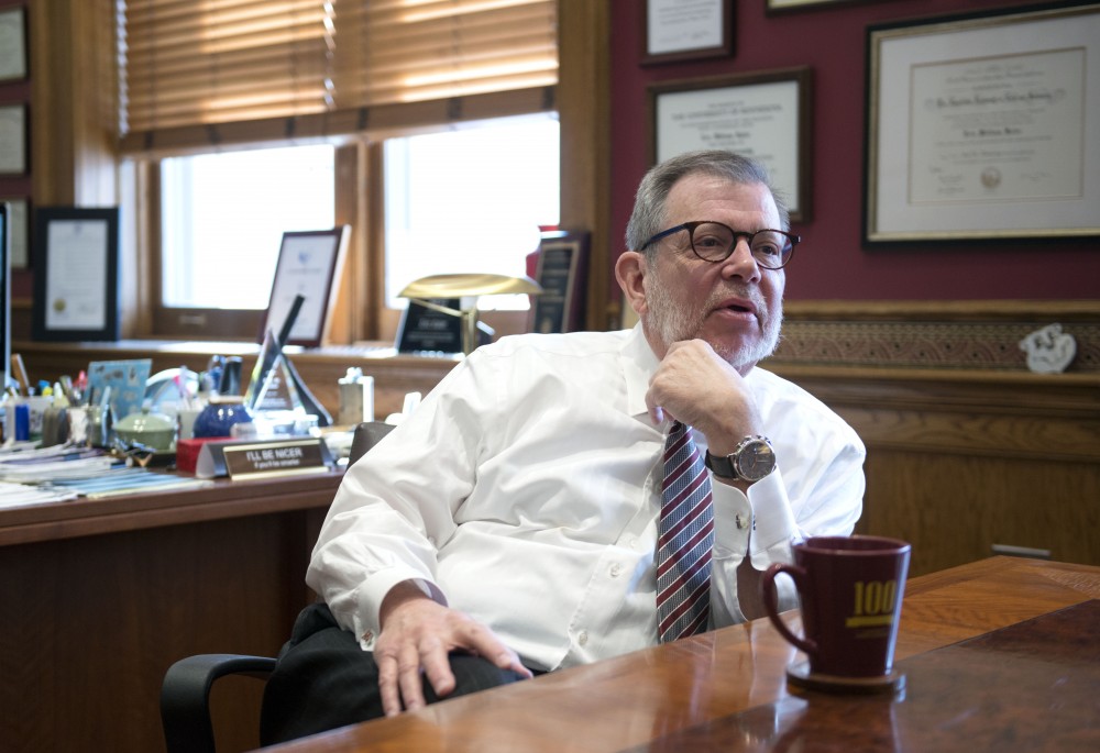 President Eric Kaler answers questions for the Minnesota Daily in his Morrill Hall office on Thursday, Feb. 14.