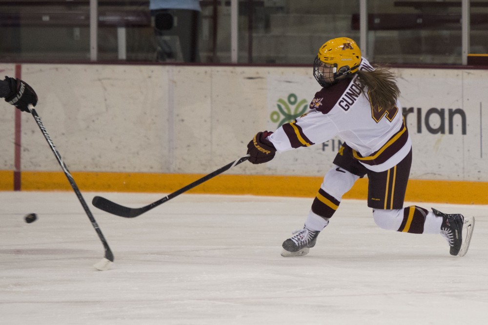 Forward Tianna Gunderson shoots the puck at Ridder Arena on Friday, Oct. 19, 2018. The Gophers beat Ohio State 3-0. 