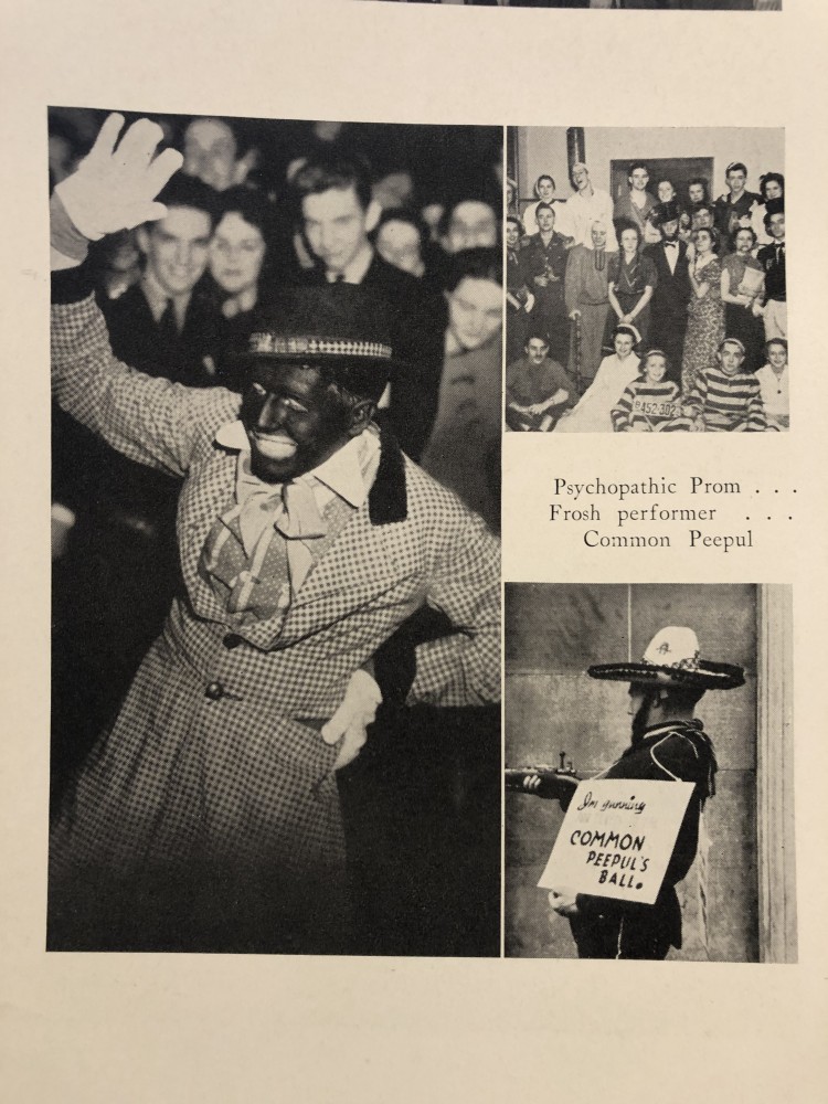 Photos printed in the early 1900s from University of Minnesota yearbooks depicting discriminatory practices and actions on campus. 