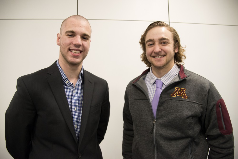 MSA vice presidential candidate, August Schutz, and presidential candidate, Spencer Kleinschmidt, pose for a portrait on Thursday, March 7 at Coffman Union. 