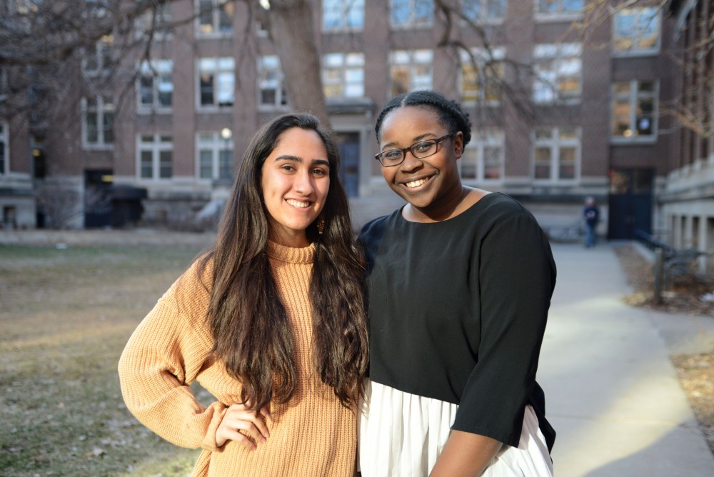 Student Body President Mina Kian, left, and Vice President Jael Kerandi pose for a portrait on Monday, March 25 outside of Lind Hall on East Bank. The newly elected pair aim to advocate for increased student wages on campus, enhance campus safety resources and go against tuition increases during their time in leadership at the University.