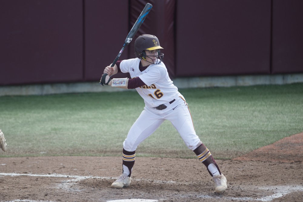 Senior Allie Arneson awaits the pitch on Friday, March 29 at Jane Sage Cowles Stadium in Minneapolis. The Gophers beat the Purdue Boilermakers 5-1.