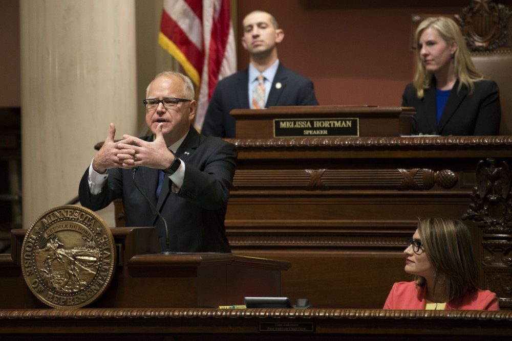 Gov. Tim Walz speaks at the Minnesota State Capitol on Wednesday, April 3 during the State of the State address. Walz spoke about education, healthcare and road maintenance. 