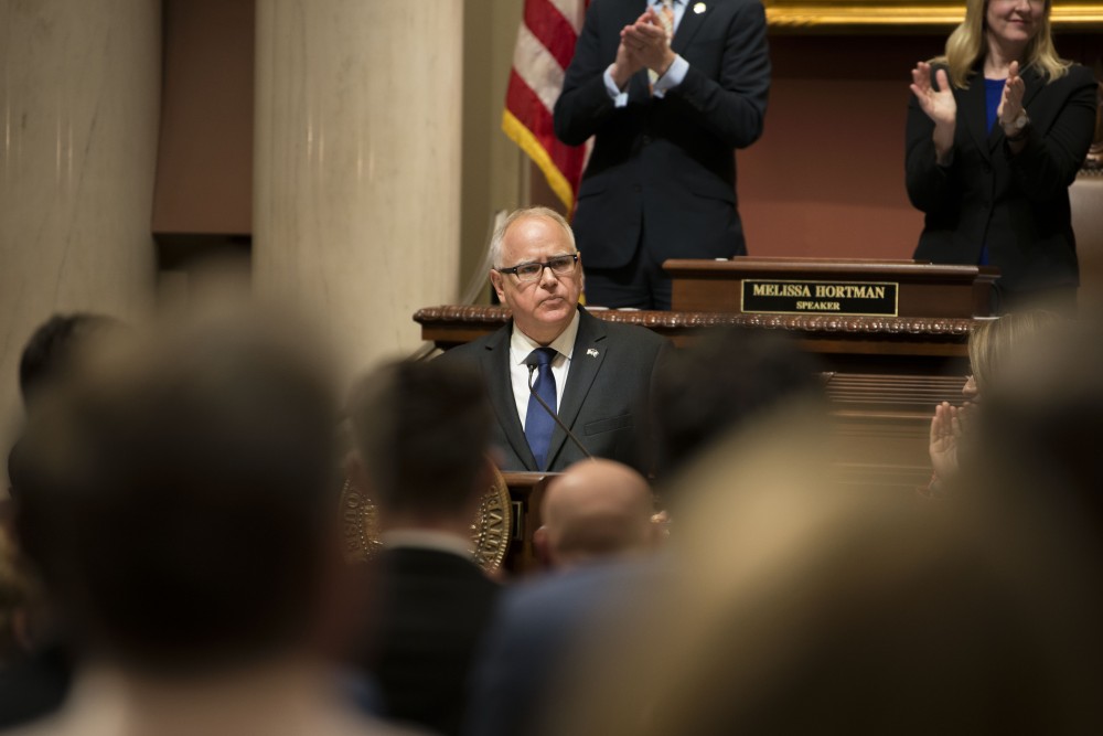 Gov. Tim Walz speaks at the Minnesota State Capitol on Wednesday, April 3 during the State of the State address. Towards the end of his address, Walz urged members of the House to consider bipartisanship. The state of our state is strong, said Walz. 