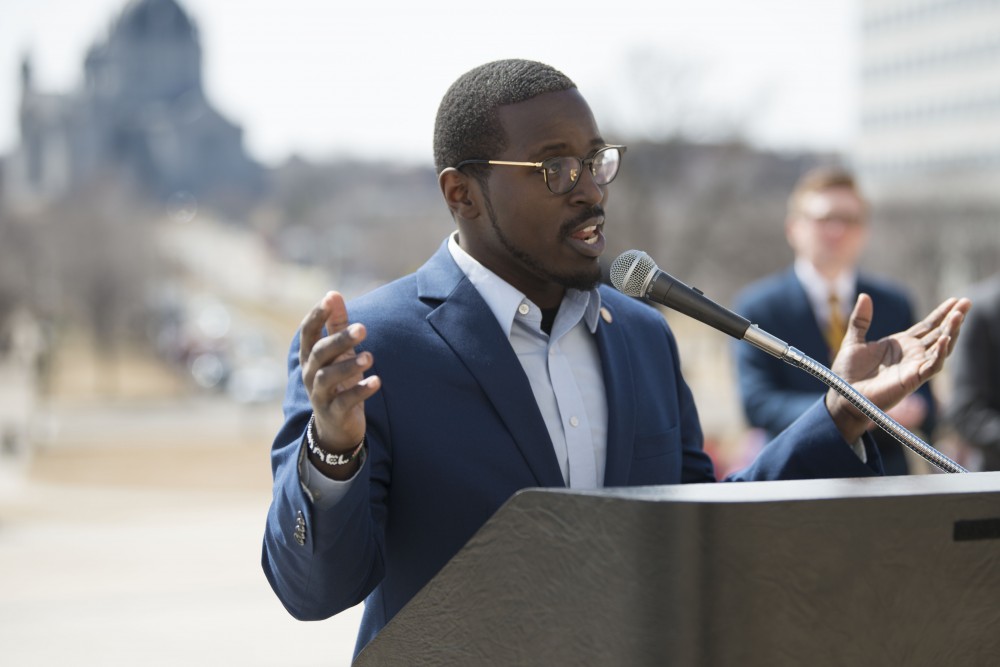 University of Minnesota-Duluth Student Body President Mike Kenyanya speaks to students at the Minnesota State Capitol on Wednesday, April 3 as a part of Support the U Day.