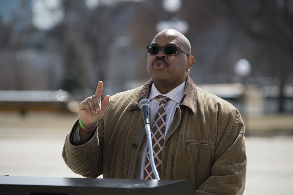 Amelious Whyte speaks at the Minnesota State Capitol on Wednesday, April 3 as a part of Support the U Day. Student advocacy works, said Whyte, citing examples like the U Pass, Gopher Chauffeur and having a student regent as examples.