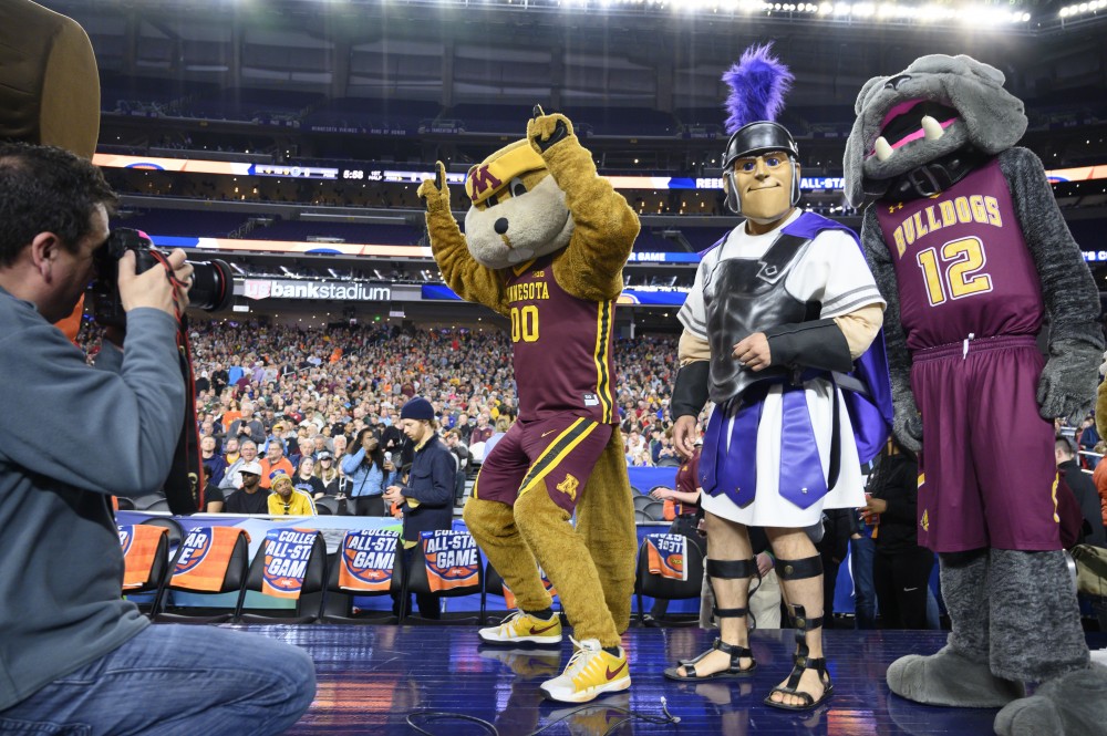 Goldy Gopher lines up for a game of Tug of War at U.S. Bank Stadium on Friday, April 5.