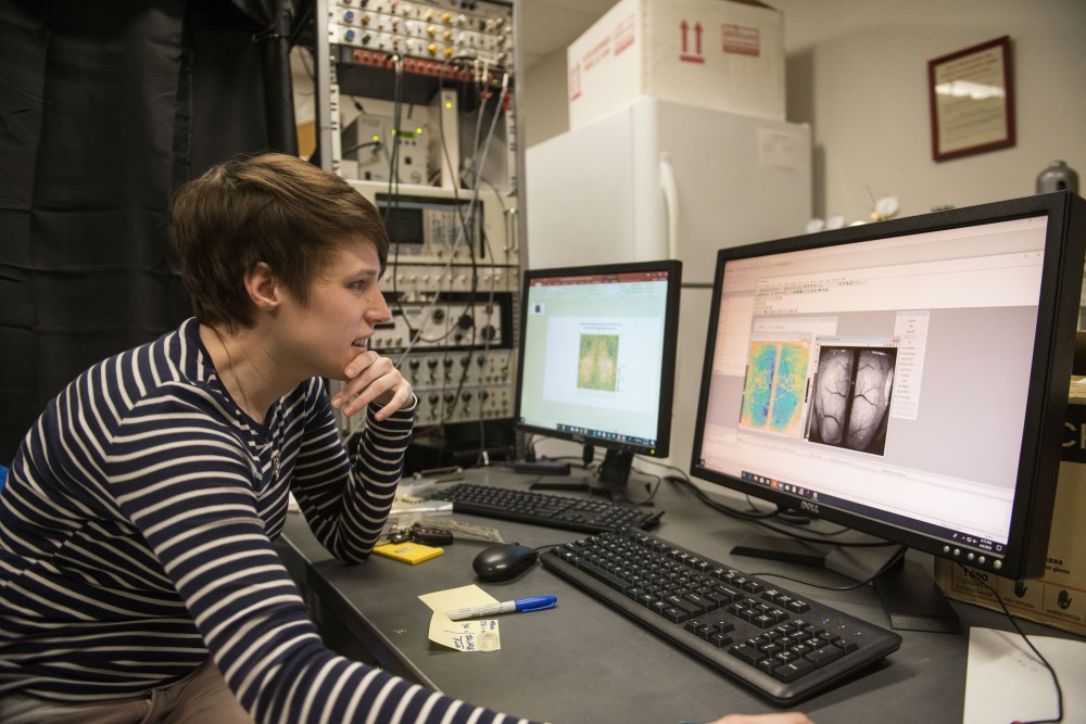Sarah West, a neuroscience graduate student at the University looks at live images of a mouses brain, and its neural activity at the Lion Research Building in Minneapolis on Thursday, April 4. Studying mice brains can yield information that can help better understand the nervous system and psychiatric disorders. 