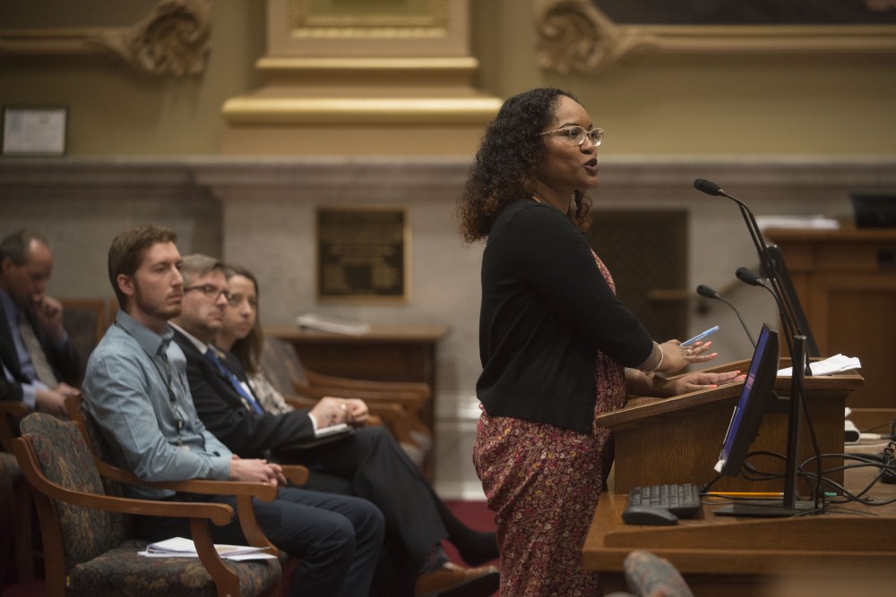 Samantha Pree-Stinson addresses concerns over plans to reduce the number of wards in Minneapolis during the City Council Charter Commission at City Hall on Wednesday, April 3. The change could affect who represents Minneapolis residents on the City Council.