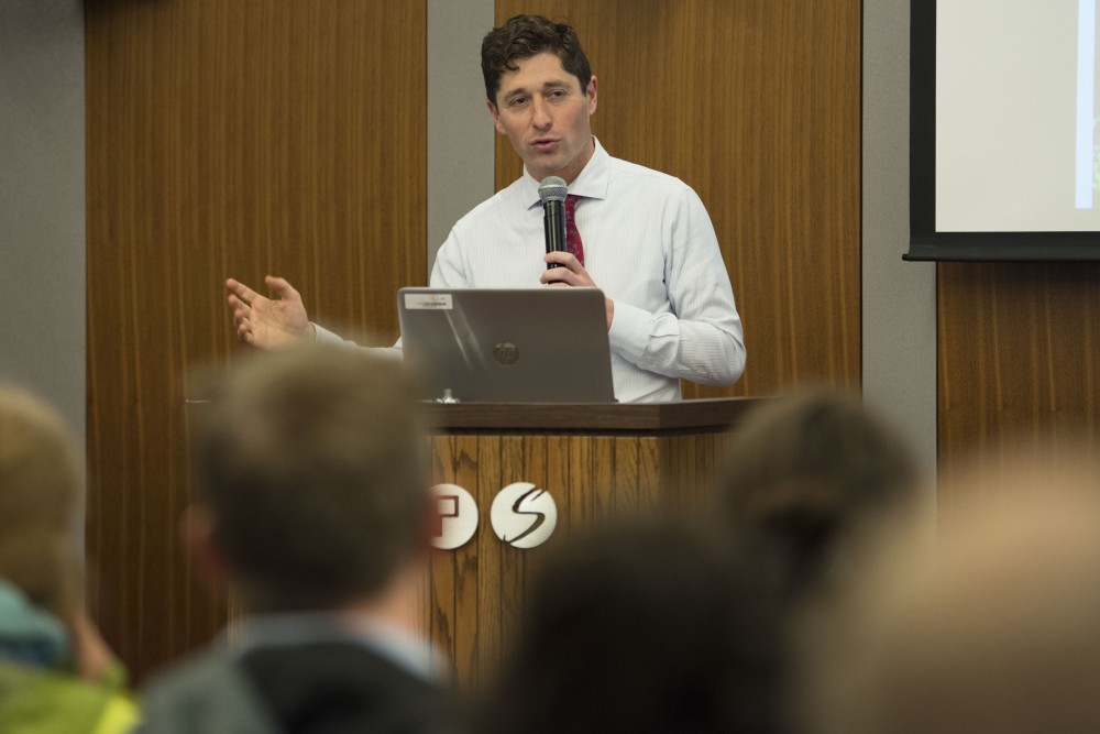 Mayor Jacob Frey speaks about sustainability and food justice during the Homegrown Minneapolis Community Food Forum on Wednesday, April 17 2019. Frey talked about access to affordable, locally grown food, utilizing community gardens and improving school lunches. 