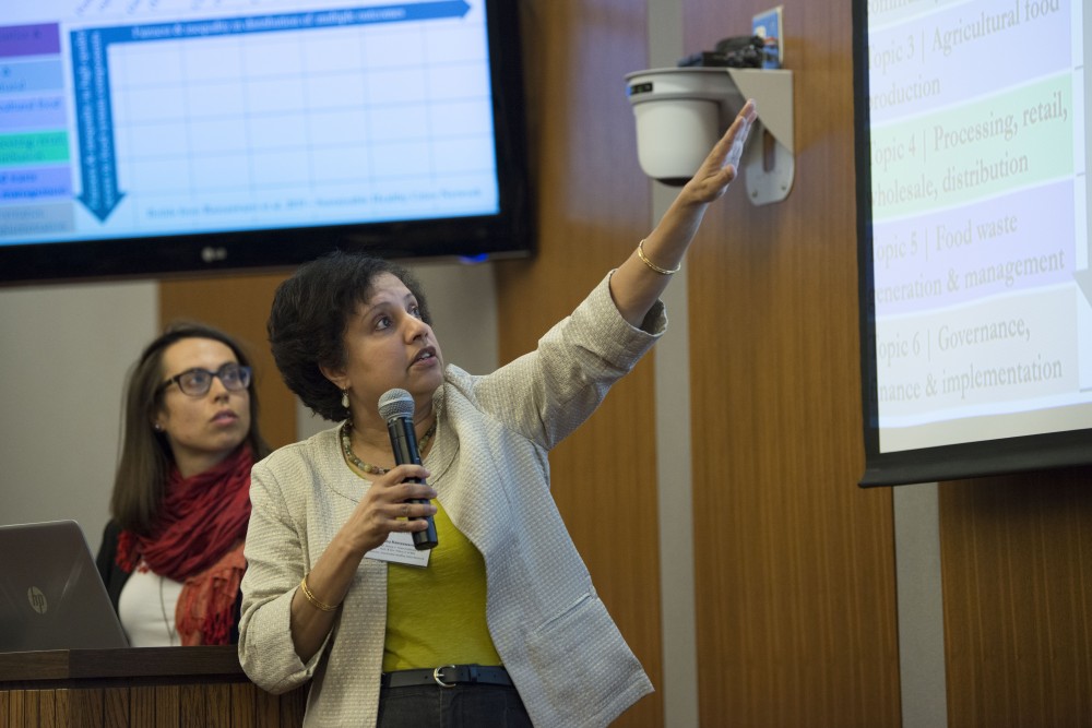 University professor Anu Ramaswami speaks during the community food forum on Wednesday, April 17. Ramaswami is a Charles M. Denny Jr. Chair Professor of Science Technology and Environmental Policy, and director of the Sustainable Healthy Cities Network. 