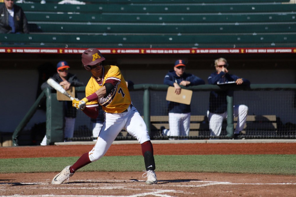 Jordan Kozicky eyes the ball during the game against Illinois on Sunday, April 14 at Siebert Field in Minneapolis. The Gophers lost 3-13.
