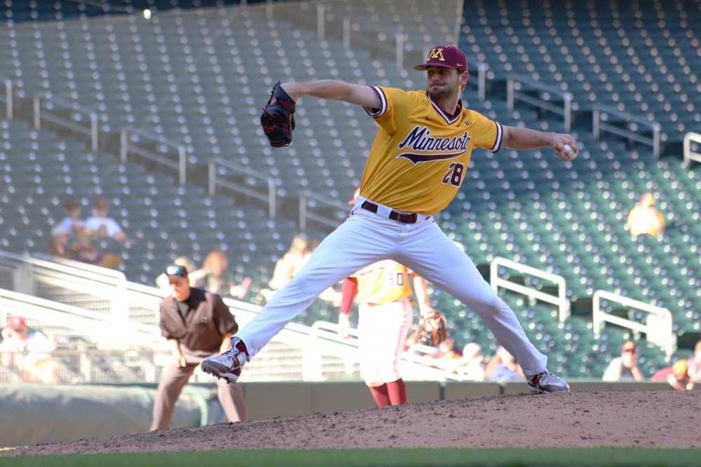 Senior Nick Lackney pitches the ball on Saturday, April 20 at Target Field in Minneapolis.