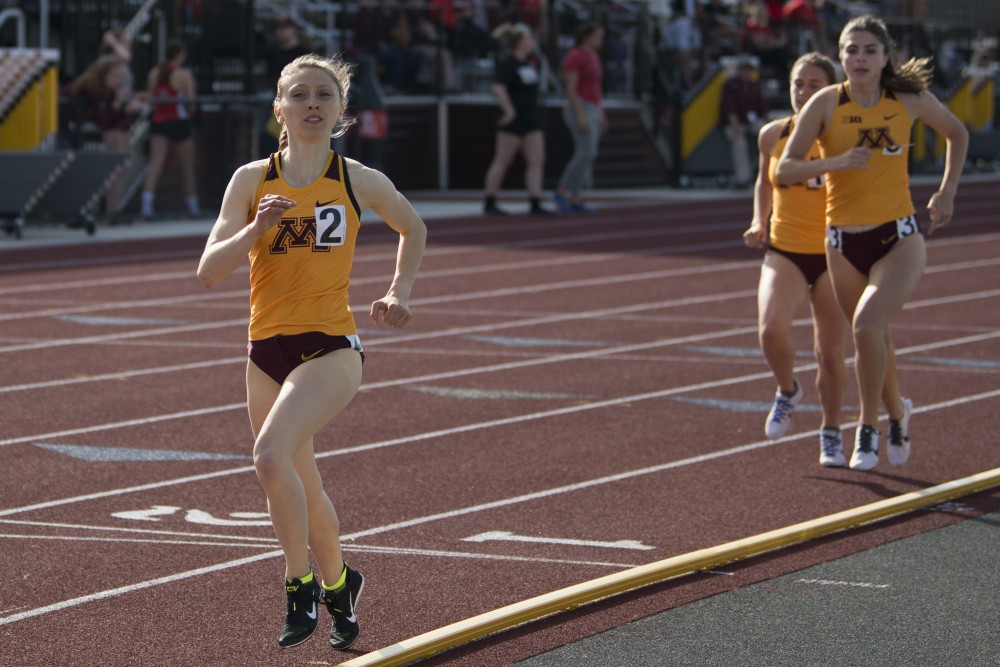 Junior Ally Smith runs the 1500 meter relay at the Minnesota Track & Field Stadium in Minneapolis for the Gopher womens Twilight Meet on Wednesday, April 24. 