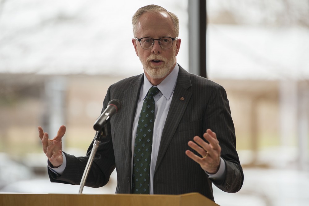 Regent David McMillan speaks about sustainability at Mondale Hall on the West Bank campus on Wednesday, April 24 during an announcement that the University has installed nine solar gardens around campus.