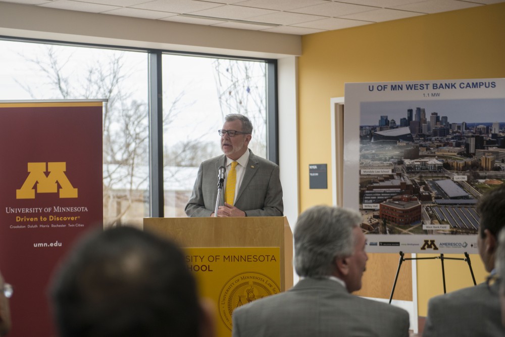 University President Eric Kaler speaks about sustainability at Mondale Hall on the West Bank campus on Wednesday, April 24 during the announcement that the University has installed nine solar gardens around campus.